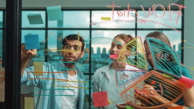 Professional business team brainstorm, sharing, thinking idea while skilled male leader write on sticky notes at glass wall. Skilled manager placed business plan on glass wall at office. Tracery