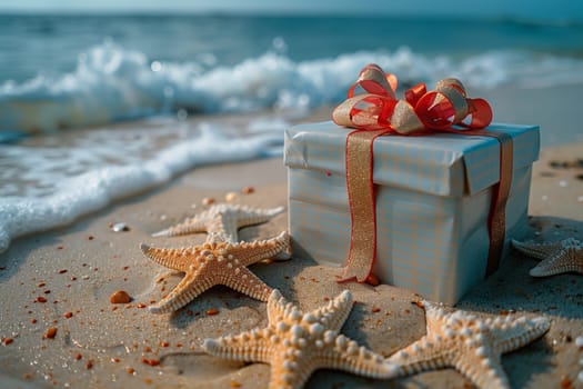 A beautifully wrapped gift box and a starfish are placed on the sandy beach near the ocean, adding a touch of art and recreation to the natural coastal environment
