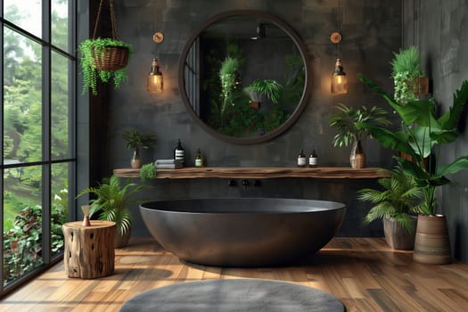 A bathroom with a bathtub, sink, mirror, and houseplants in flowerpots. The interior design features hardwood fixtures and a cozy feel