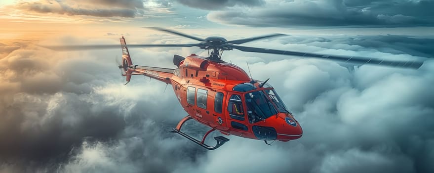 A red helicopter, a type of rotorcraft vehicle capable of air travel, is navigating through the clouds in the fluid medium of the sky, showcasing the marvel of aviation