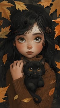 The girl is cradling a black cat with shiny fur in her arms. The cats cheek rests against her chest as its mesmerizing green eyes gaze lovingly at her