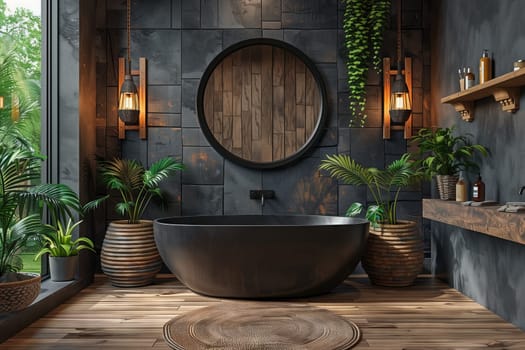 A black bathtub is the focal point in a bathroom adorned with potted plants, set against a backdrop of hardwood flooring and a wooden facade