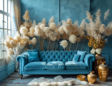 An interior design featuring a living room with a beautiful azure couch, vases filled with aqua flowers. The rectangleshaped room is complemented by a tree outside, creating a serene atmosphere