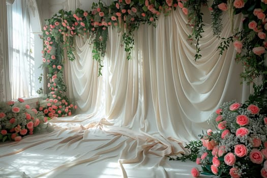The room is adorned with beautiful pink roses and delicate white curtains, creating a serene and elegant ambiance with a touch of floral decoration