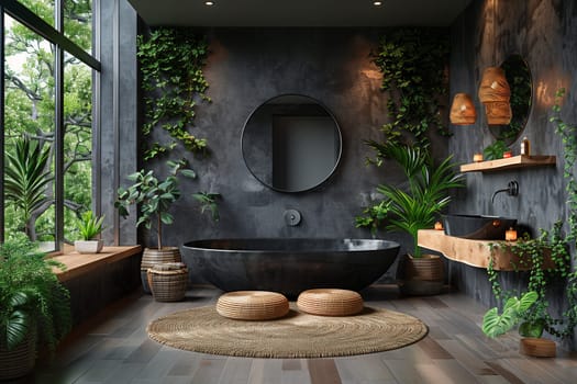A modern bathroom with a sleek black tub, sink, mirror, hardwood floors, and plants, creating a stylish and relaxing space in a real estate building