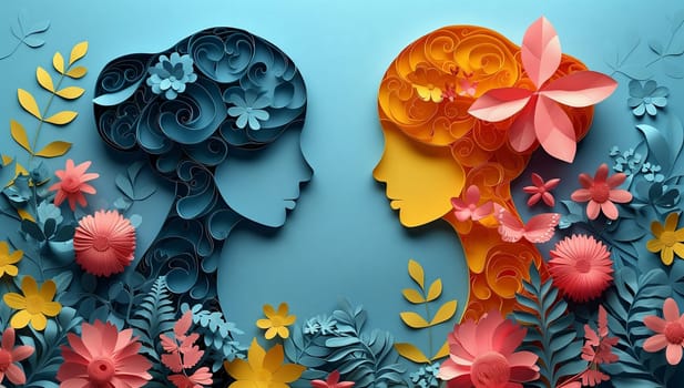 Two women are standing next to each other, each with flowers creatively placed in their hair. The vibrant petals and leaves add a pop of electric blue to their outfits