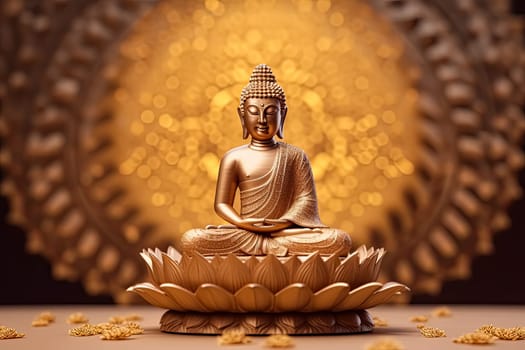 A gold statue of a Buddha is sitting on a table. The statue is surrounded by gold and has a gold necklace around its neck. The statue is in a peaceful and serene mood, conveying a sense of calm