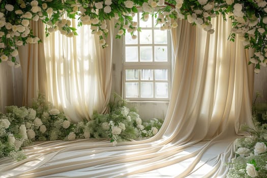 A serene room with white curtains, flowers hanging from the ceiling, and wooden flooring, creating a natural landscape indoors
