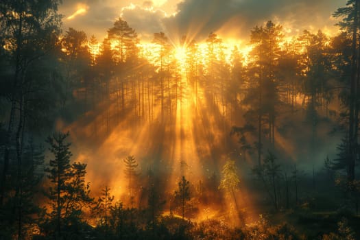 The sunlight is breaking through the clouds and filtering through the trees in the forest, creating a beautiful afterglow in the atmospheric phenomenon