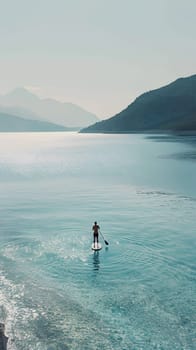 A man is leisurely paddle boarding in the vast ocean, surrounded by the tranquil water, under the clear sky and distant horizon