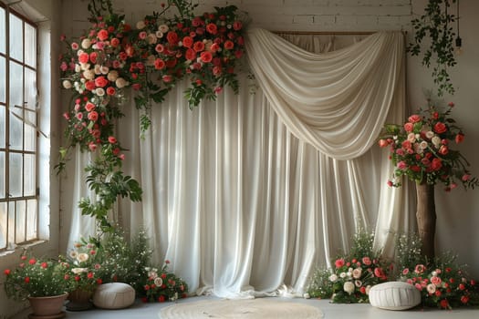 The room is decorated with a white curtain and flowers in a flowerpot by the window. The interior design is enhanced with the floral fixture and petal decorations, creating a serene atmosphere