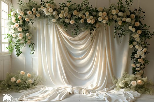 A textile white curtain adorned with delicate flower decorations, perfect for adding a touch of floral art to any event or as a bridal accessory
