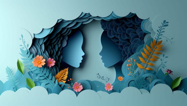 A paper cut out of two womens faces with electric blue flower and leaf patterns, resembling a fashion accessory, in a natural landscape design
