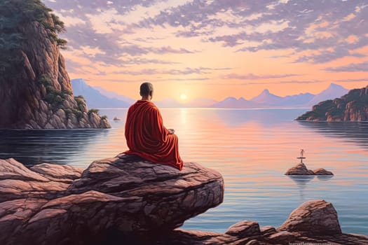 A man sits on a rock overlooking a body of water. The scene is serene and peaceful, with the man in a lotus position and the water reflecting the mountains in the background