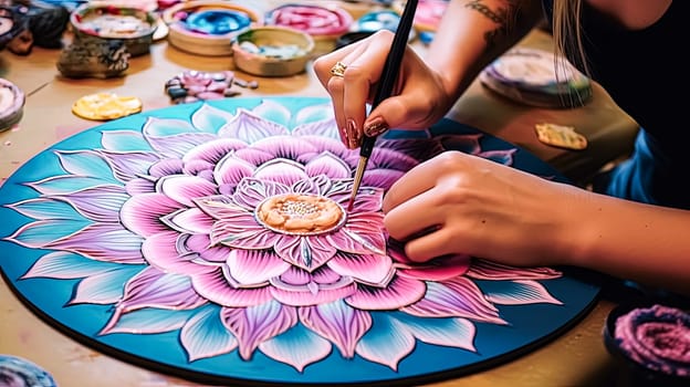 A woman is painting a large flower on a floor. The flower is very colorful and has a lot of detail. The woman is using a brush to paint the flower, and there are several other brushes