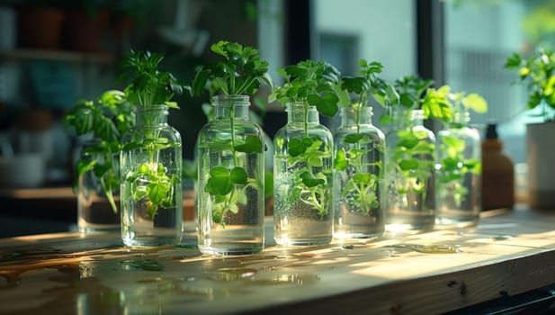 An artistic urban design concept featuring rows of glass bottles filled with water and terrestrial plants like grass, groundcover, and shrubs on a table as a unique water feature