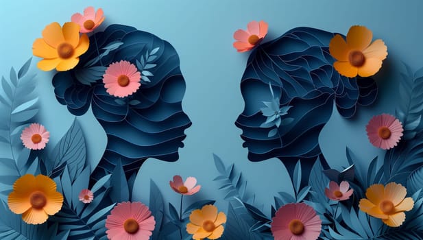 Two women adorned with colorful flowers in their hair stand side by side, showcasing the beauty of natures artistry. The vibrant hues of orange and red petals complement their rose family blooms