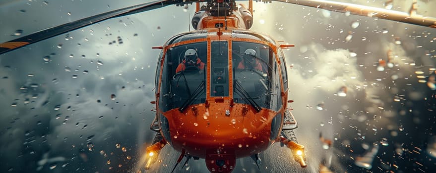 A helicopter with rotating helicopter rotor is traveling through the rainy air, the landscape blurred from the liquid on the windshield