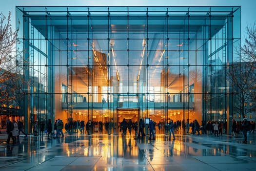 A group of individuals is gathered in front of a towering glass facade building, showcasing impressive urban design in the citys metropolitan area