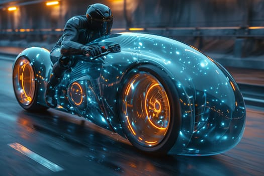 A man is riding a sleek futuristic motorcycle with unique automotive design, illuminated by its automotive lighting. The tire of the vehicle rolls smoothly on the city street as he speeds by