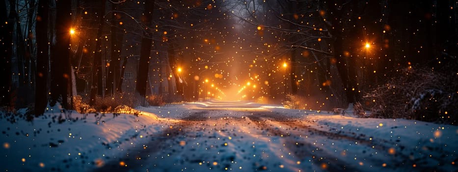 A winter wonderland with a snowy forest and glowing lights in the background, creating a magical scene of natural beauty and enchantment