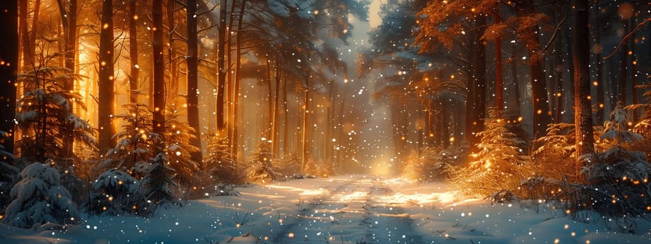 A winter wonderland with snowcovered trees, sunlight filtering through the branches in a serene natural landscape, resembling a painting of a snowy forest