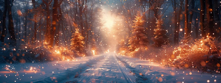 The suns warmth filters through the snowy trees in a forest, creating a magical atmosphere in the natural landscape, lighting up the whitecovered road