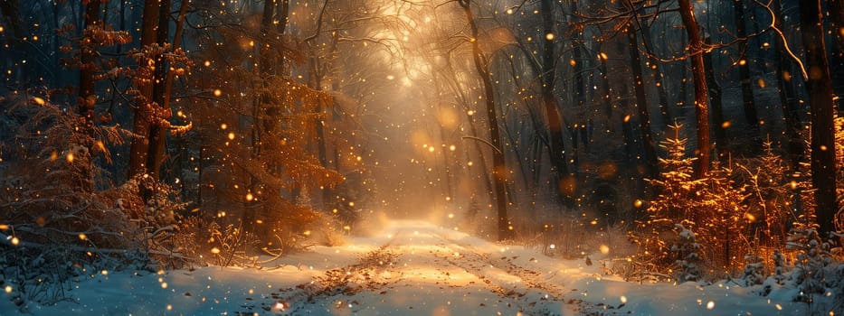 The sunlight filters through the trees in the snowy forest, creating a beautiful pattern of light and shadows on the forest floor