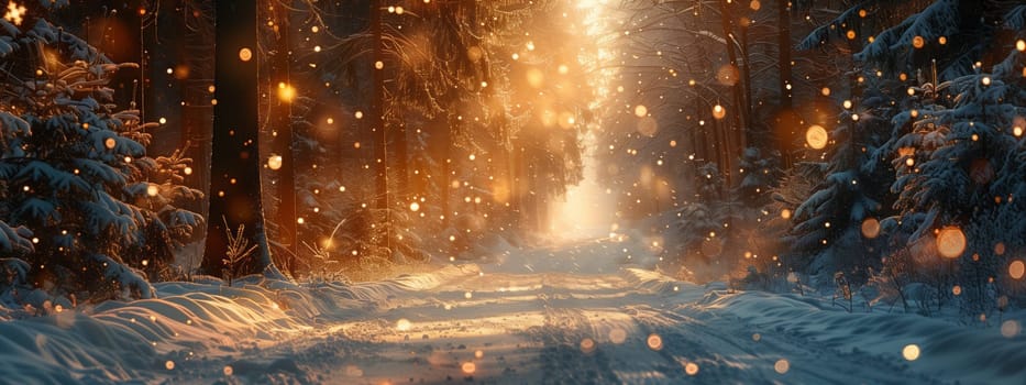 A winter landscape featuring a snowy forest with trees blanketed in snow, illuminated by a soft light filtering through the branches