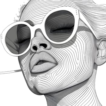 A monochromatic illustration featuring a woman adorned in sunglasses, showcasing a stylish facial expression. The eyewear is covering her eyes and sunglasses are the focus of the drawing