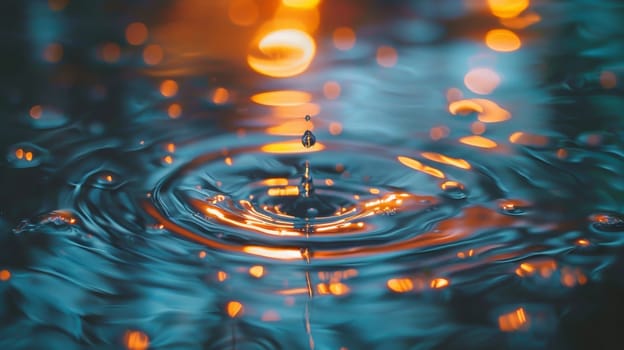 Clear Water drop with circular waves, Rain drops falling on smooth surface of water.