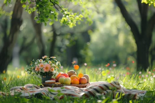 picnic scene with a basket of fruits and flowers surrounded by the greenery park, summer holiday.