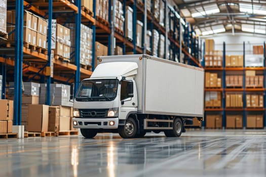 white truck in warehouse with many boxes, Shipping Warehouse and Truck Transportation.