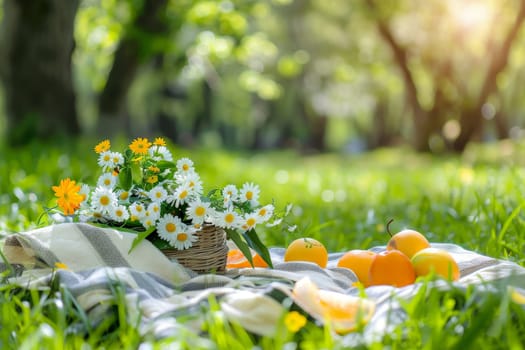 picnic scene with a basket of fruits and flowers surrounded by the greenery park, summer holiday.