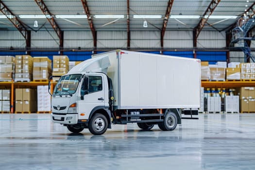 white truck in warehouse with many boxes, Shipping Warehouse and Truck Transportation.