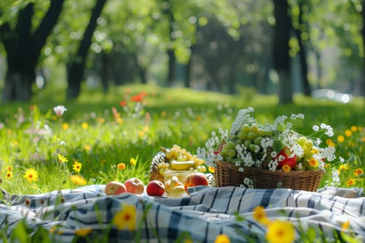 picnic scene with a basket of fruits and flowers surrounded by the greenery park, summer holiday.