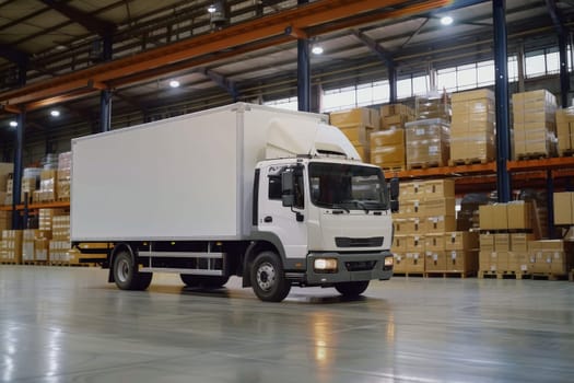 white truck in warehouse with many boxes, Shipping Warehouse and Truck Transportation.