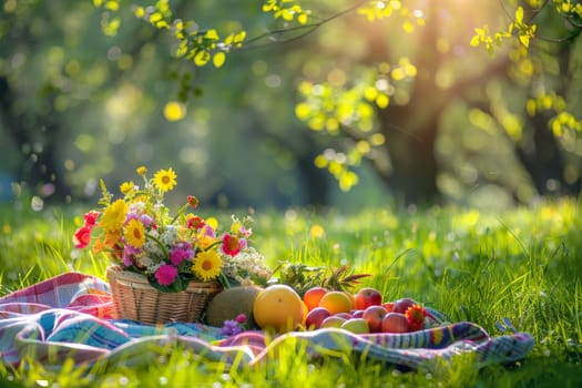 picnic scene with a basket of fruits and flowers surrounded by the greenery park, summer holiday.