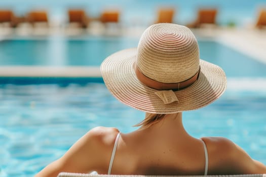 Fashionable woman in the back wearing a straw hat while on vacation at luxury poolside in resort.