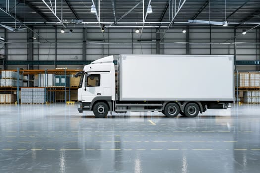 white truck in warehouse with many boxes, Shipping Warehouse and Truck Transportation.