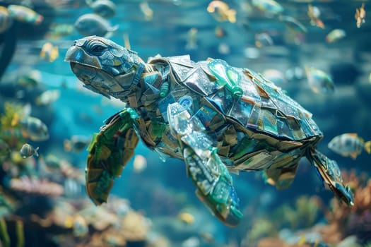 Plastic Pollution In Ocean, a turtle made of plastic bottles, cups and trash swimming in the sea.