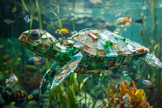 Plastic Pollution In Ocean, a turtle made of plastic bottles, cups and trash swimming in the sea.