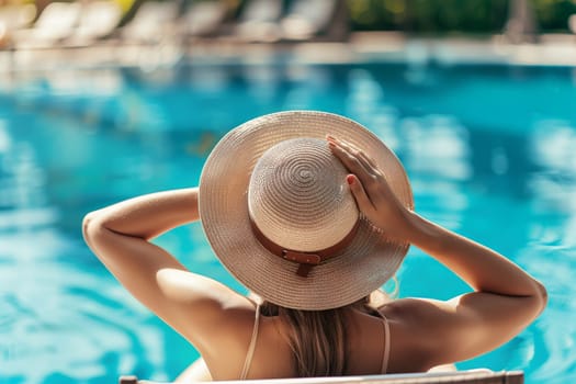 Fashionable woman in the back wearing a straw hat while on vacation at luxury poolside in resort.