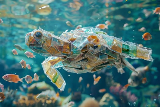 Plastic Pollution In Ocean, a turtle made of plastic bottles, cups and trash swimming in the sea.