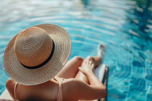 Fashionable woman in the back wearing a straw hat while on vacation at luxury poolside in resort.