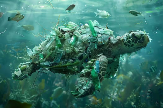 Plastic Pollution In Ocean, a turtle made of plastic bottles, cups and trash swimming in the sea.