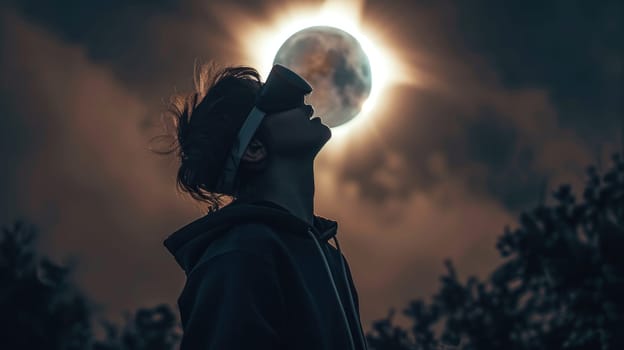 A young people wearing goggles is looking up at a large solar eclipse.