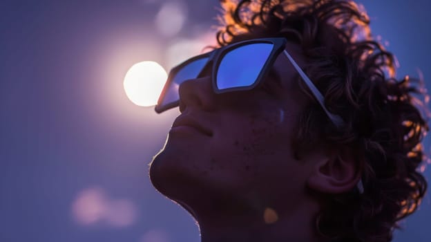 A young people wearing goggles is looking up at a large solar eclipse.