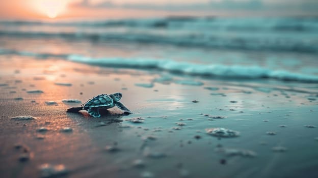 A baby turtle is laying on the beach at sunset.