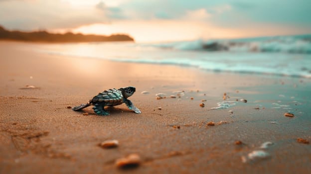 A baby turtle is laying on the beach at sunset.
